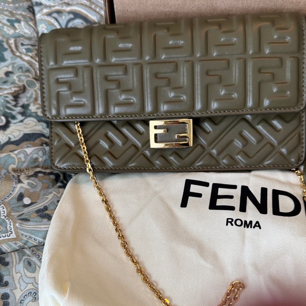 Fendi Olive Green Leather Baguette Wallet on Chain w/all original packaging